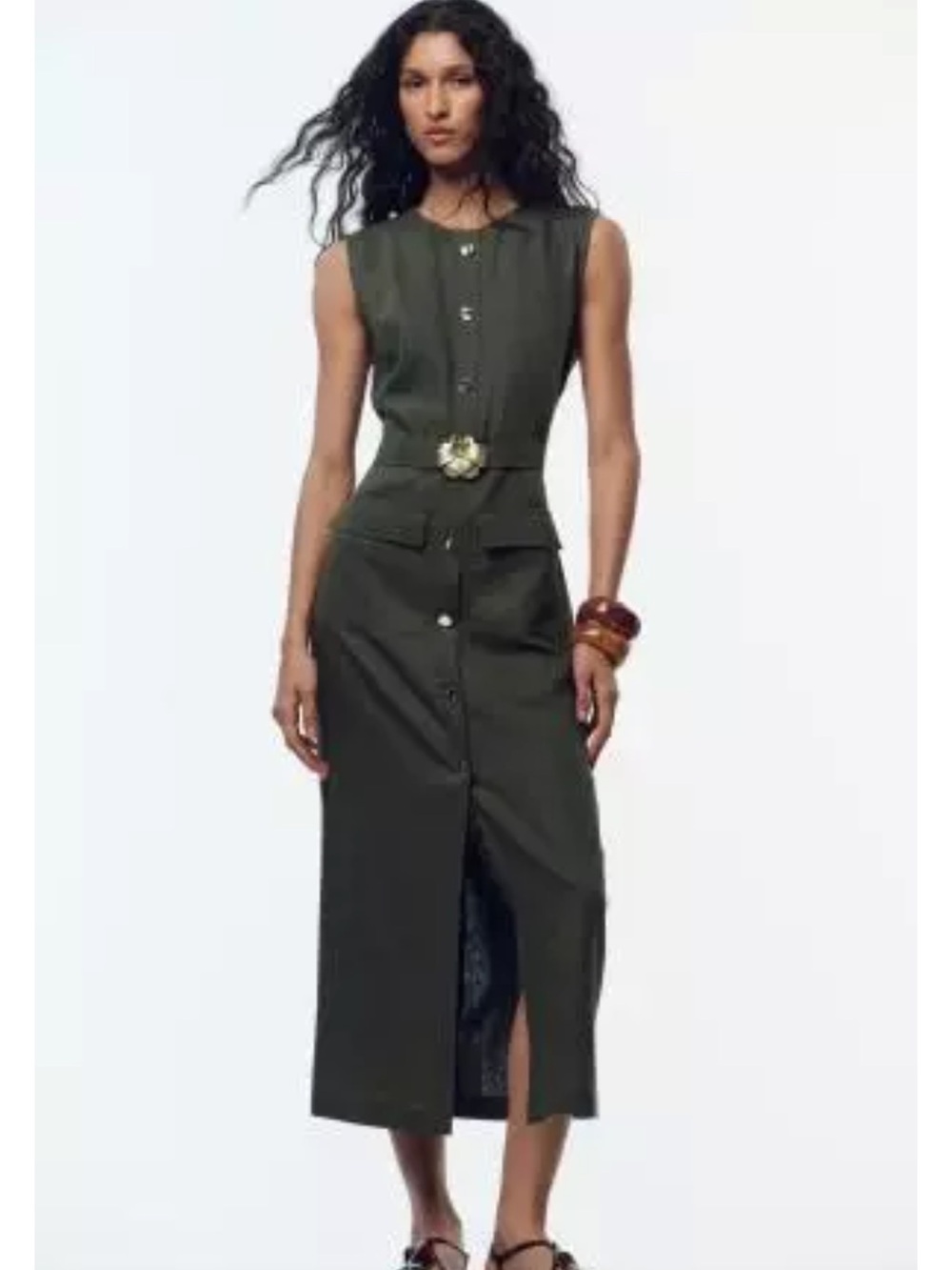 Zara Olive Green Sleeveless Midi Dress with Floral Belt - Picture 2 of 8